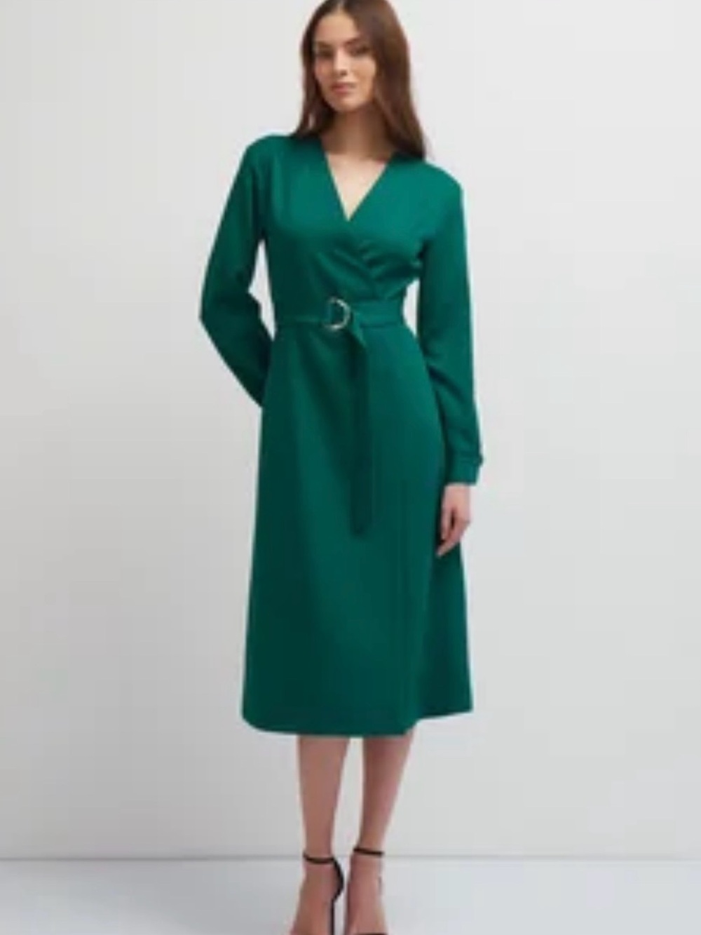 Emerald Green Wrap Midi Dress with D-Ring Belt